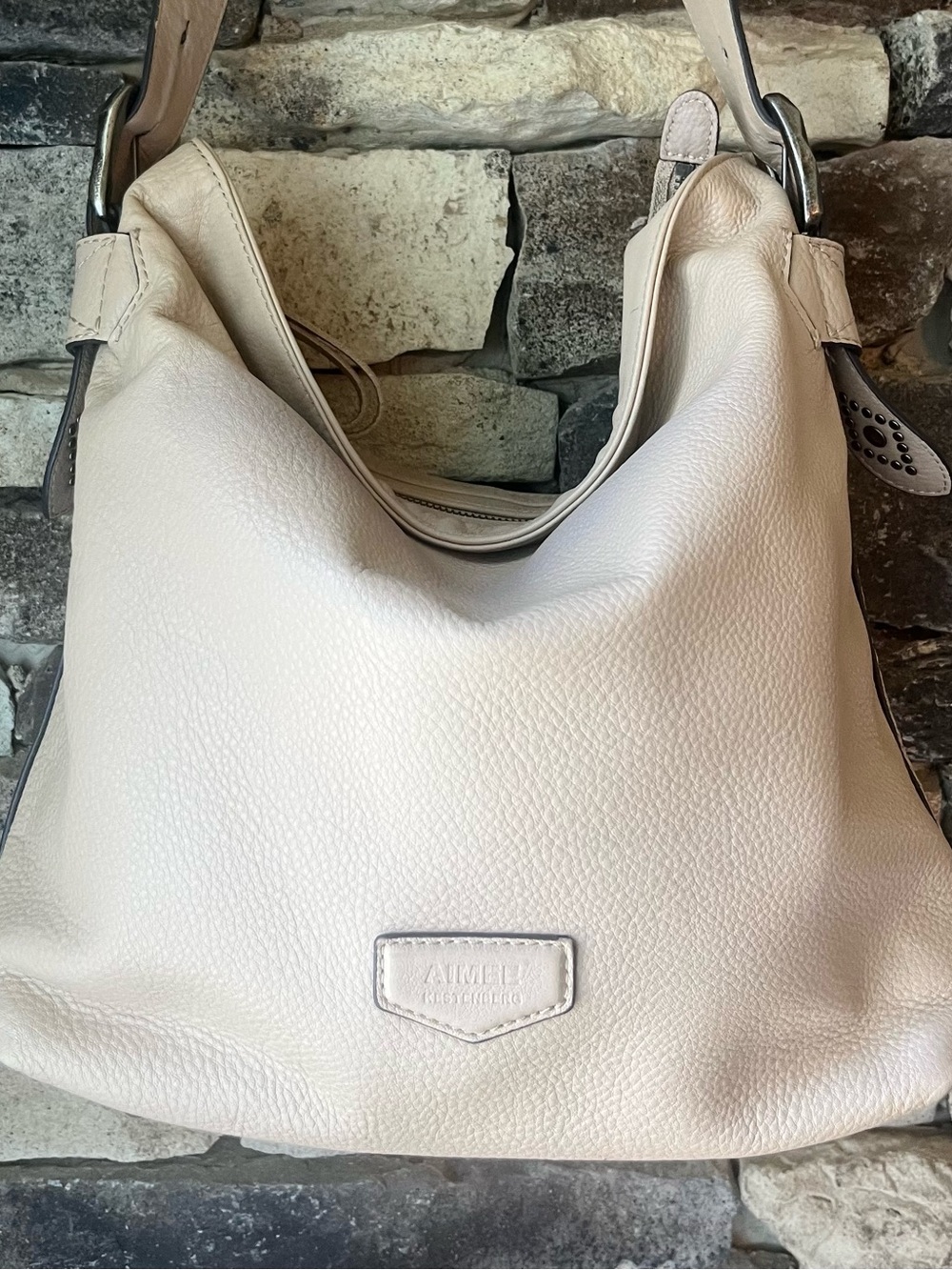 Aimee Kestenberg Shine Away Leather Western Hobo Bag Taupe Beige Studded